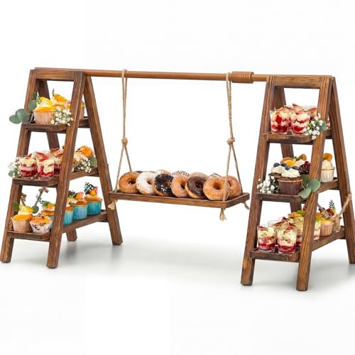 Wooden 3 Tier Swing Cupcake Stand with Serving Platter Foldable Ladder Stand Dessert Display Snack Fruit Cake Bread Centerpieces for Party, Birthday, Wedding, Baby Shower(Dark Walnut)