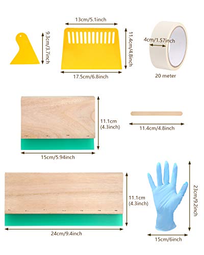 Aoibrloy 16 Pieces Screen Printing Squeegee kit with 2pcs 75 Durometer Wooden Ink Scraper (9.4, 5.9inch), 2pcs Plastic Printing Squeegee, 1pcs Masking Tape, 1pair Gloves, and 10pcs Wood Mixing Sticks