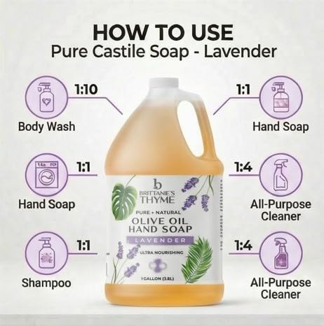 Brittanie's Pure Organic Castile Liquid Olive Oil Soap Refill | Face, Body Wash, Dishes, Pets & Laundry | Vegan & Gluten Free Non-GMO (Lavender 1 Gallon) - Image 6