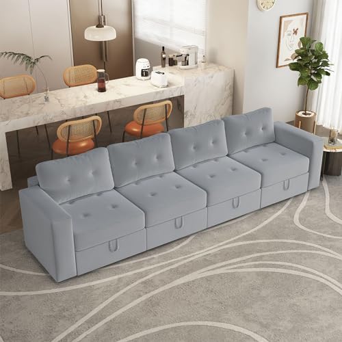 Image of QHITTY Modular Sofa, 4 Seater Accent Couch with Hidden Extra Large Storage Space for Living Room, Grey