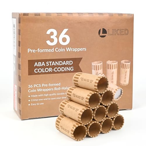 Image of LLIKED 36 PCS Preformed Coin Wrappers Rolls-Halves, Brown