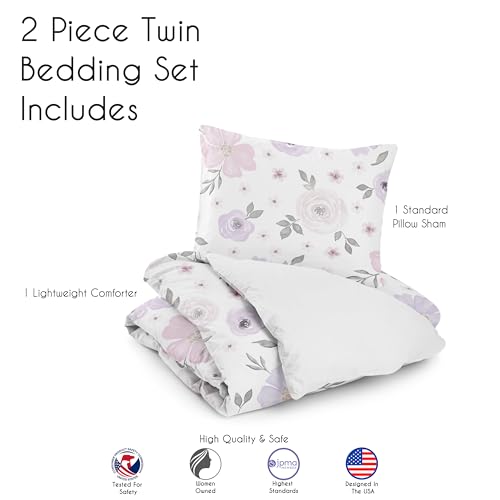 Image of Sweet Jojo Designs 2-Piece Twin Comforter Set (Purple /Grey Boho Floral) for Girls, Kids, Teen, College Bed Room incl. Single Size Bedding & Sham (Watercolor, Flower, Elegant, Rose, Farmhouse, Blush)