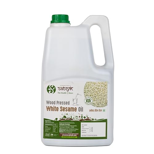 Image of S Siddhagiri's SATVYK THE HEALTH re STORE Wood Pressed White Sesame Oil (5Ltr Can)| | Unrefined Til ka Tel | Wooden Ghani Gingelly Oil | Pure & Natural Sesame Oil for Cooking