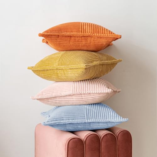 Image of MIULEE Decorative Throw Pillow Covers for Couch Bed Livingroom 18x18 Inch Set of 2 Light Blue Boho Accent Throw Pllows Broadside Striped Patchwork Soft Corduroy Pillowcases