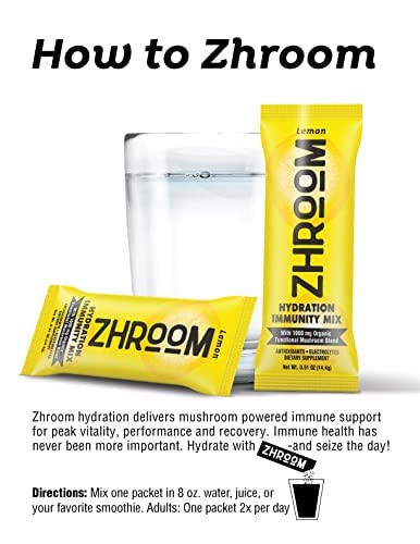 ZHROOM Hydration Immunity Mix–Lemon|Antioxidant&Electrolyte Supplement Drink Mix Powder with 1000mg Organic Functional Mushroom Blend|Refreshing&Thirst Quenching Immune Support(Pack of 16)