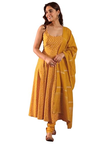 Image of Libas Mustard Bandhani Printed Anarkali Padded Kurta and Solid Churidar with Woven Design Dupatta | Ethnic wear | Bridal Suit | Occasion wear