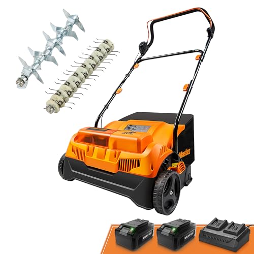 LawnMaster 48V MAX Brushless 16” 2-in-1 Cordless Dethatcher and Scarifier with Removable Thatch Collection Bag Quick-Fold – CLGVB4816