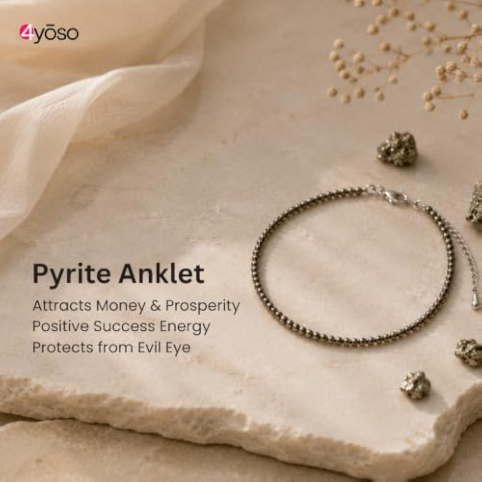 Women's Natural Raw Pyrite Adjustable Anklet, Handmade Crystal Payal