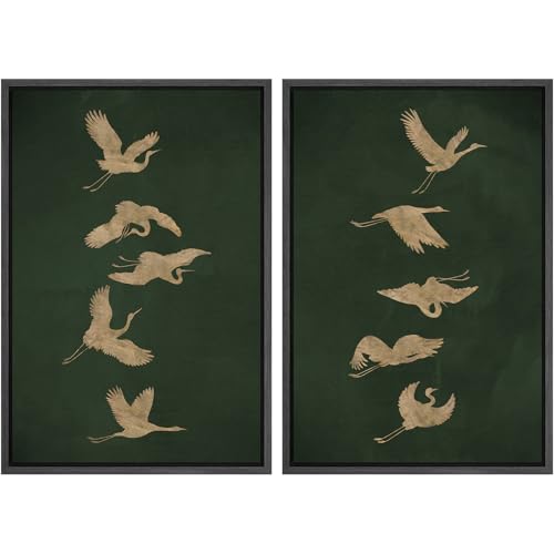 SIGNWIN Framed Canvas Print Wall Art Set Golden Cranes in Flight on Deep Green Illustrations Modern Art Rustic Colorful Ultra for Living Room, Bedroom, Office - 16"x24"x2 Black