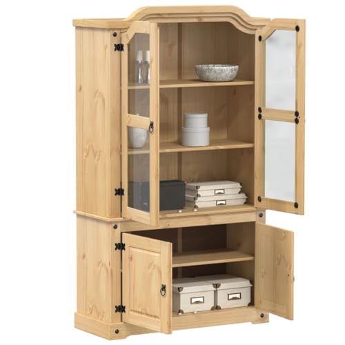 ULUYYUC Vitrine Corona 103,5x42x180 cm Bois de pin Massif Finition Cire Miel Portes vitrées Armoire de Rangement Cuisine Buffet Salon ou Salle à Manger...
