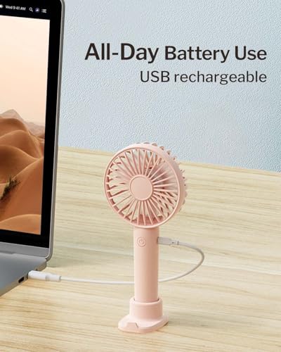 Portable Handheld Fan 2 Pack, USB Rechargeable Mini Fan, Ultra Quiet, 3 Speeds with Phone Holder Base, All Day Battery for Outdoor Indoor (Blue) - Image 4