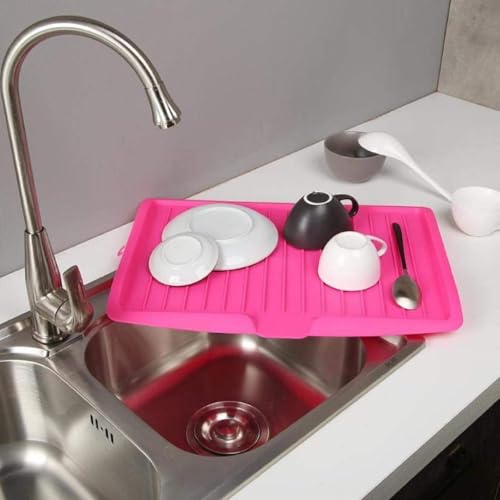 Image of Kitchen Utility Draining Board, Dish Racks, Plastic Dish Drainer Tray, Large Sink Drying Rack, Kitchen Tableware Worktop Organizer, Drain Board for Utensils, Vegetable & Fruit (Pink)