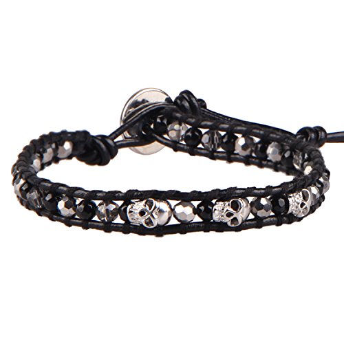 Image of KELITCH 925 Silver Skull Bracelets Wrap Bracelets Women Crystal Beaded Bracelets on Natural Leather