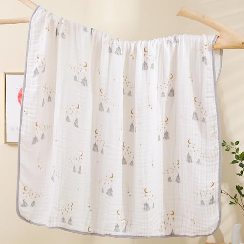 Image of Ultra Soft 6-Layer Cotton Muslin Baby Blanket 43 inchx43 inch Breathable Lightweight Moon Star and Tent Muslin Swaddle Blankets for Toddlers Baby Birthday Gifts All Seasons