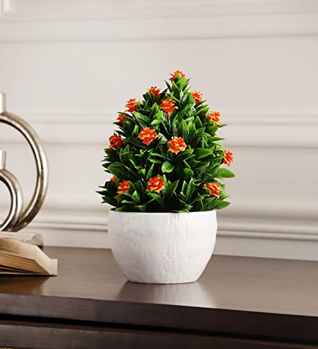 Image of Foliyaj Artificial Plant with Orange Roses in White Pot for Interior Decor | Faux Plant for Desks, Shelves and Side Tables for Your Home and Office | Fake Plants for Indoor Decoration