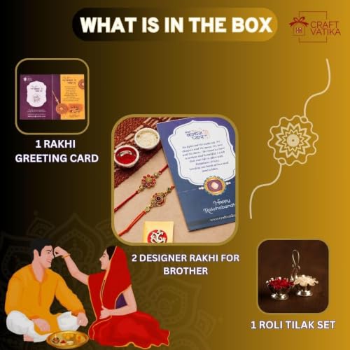 Image of CraftVatika Kundan Rakhi Set for Brother Set of 2, Designer Peacock Rakhi for Brother Boy Men, Premium Kalash Raki for Bhaiya, Traditional Rakshabandhan Rakhis with Best Wishes Card and Tillak Set