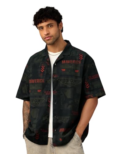 Image of The Souled Store Top Gun: Aviator Men and Boys Short Sleeve Cuban Collar Button Front Dark Green All Over Printed Cotton Oversized Fit Holiday Shirt