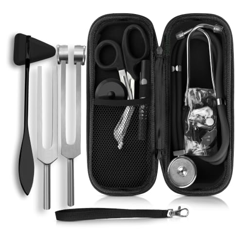 Dual Head Stethoscope with Storage Case, EMT Shears, Pen Light, Tuning Forks, Taylor Hammer, and Lister Scissors - Assorted Colors (Black)