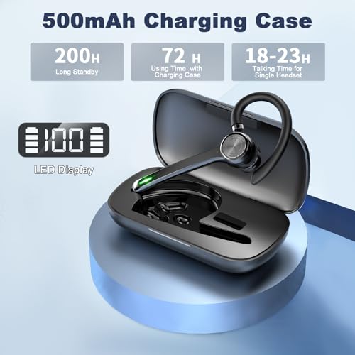 Image of HEIBAS Bluetooth Headset, Wireless Bluetooth Earpiece with 500mAh Charging Case 72 Hours Talking Time Built-in Microphone for iOS Android Cell Phone, V5.1 Hand-Free Headphones for Trucker, Office-Dark