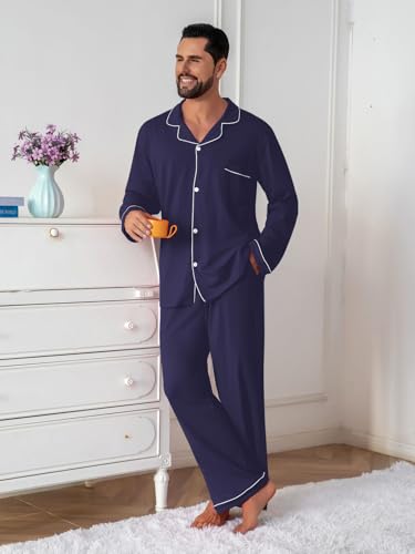 Image of QZH.DUAO Mens Pajama Set 100% Cotton Long Sleeve Button Down PJs