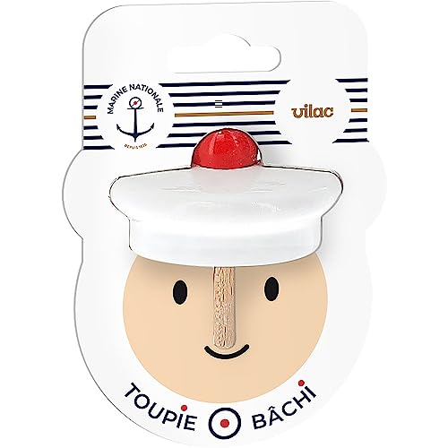 Vilac - Toupie Bâchi - Marine Nationale - Jouet en Bois - Jeu d'Adresse - Toupie avec Coiffe d'un Matelot - Blanc et Rouge - pour Enfants à Partir de 3 Ans