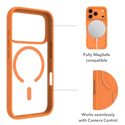 Image of ArmourPro MagSafe Compatible Case for iPhone 17 Pro Max, Magnetic Wireless Charging Back Cover with Clear Back, Flexible TPU Bumper, Camera Protection | Orange