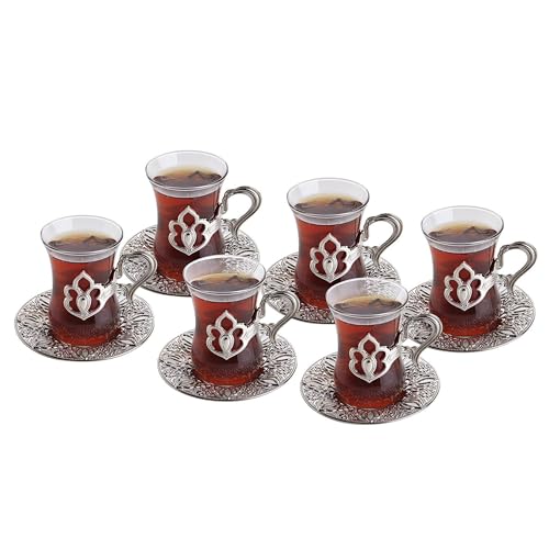 LaModaHome Vintage Handmade Turkish Tea Glasses with Saucer and Holders, Ottoman and Arabic Cups Set of 6 for Serving Guests, Teatime, Dinner, Housewarming Gifts, Events, Parties, Tableware - Silver