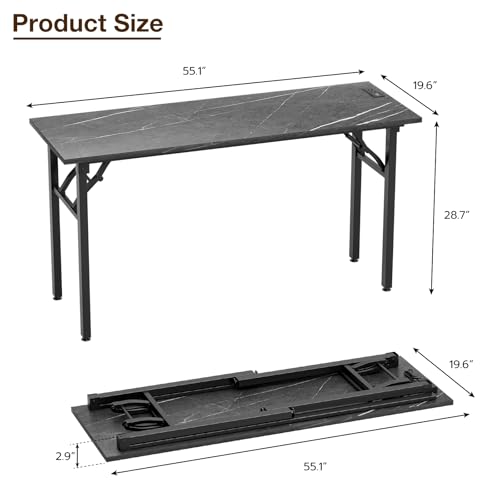 Image of TEMI Small Computer Desk Folding Table - No Assembly, Compact 55.1 inch Foldable Desk with Power Outlets & USB Charging Port, Portable Small Office Desk, Ideal Mini Study Table, Marble Greige