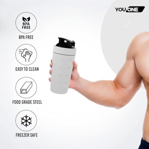 Image of YOUONE Stainless Steel Shaker Bottles For Gym - 100% Leakproof Guarantee, Ideal For Protein, Pre Workout, Bcaas & Water Bpa Free Material (White)