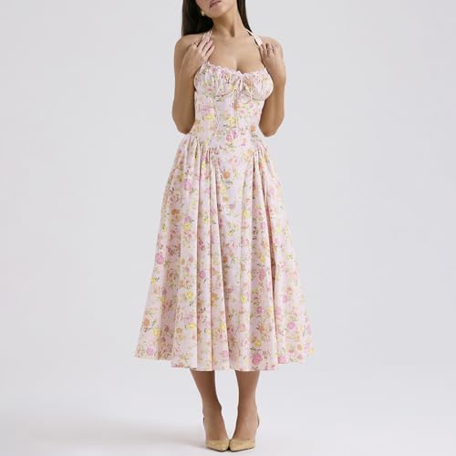 Image of Women Floral Corset Dress Halter Neck Low Cut Bustier Lace Midi Dress Flowy Pleated Hem Long Sundress with Pockets
