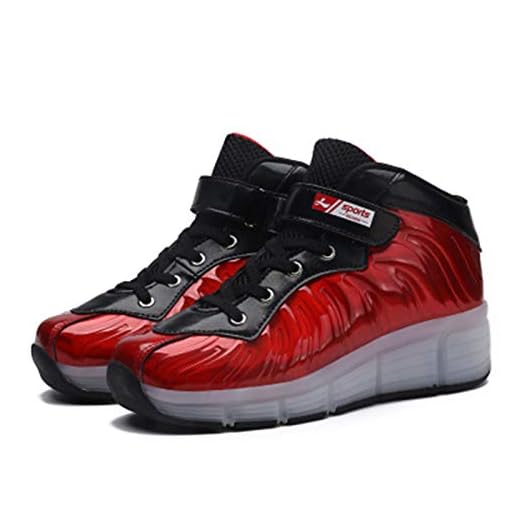 WFSH Unisex rullskridskor för barn LED lysande automatisk teleskopteknik skateboardskor multifunktionella utomhussport skridskor sportskor (färg: Röd, storlek: 34)