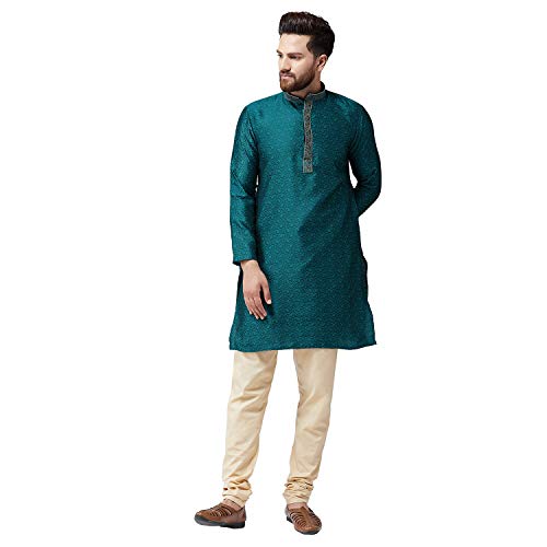 Image of SOJANYA (Since 1958 Mens Maroon Jacquard Silk Kurta and Black Churidaar Pyjama Set