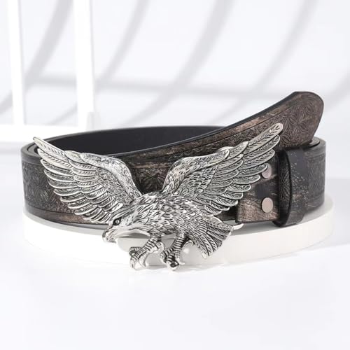 VERENIX Flying Eagle Western Cowboy Retro Brown Leather Decolouration Waist Belt for Men Causal Golf Pants Polo Shirts Matching Steampunk Rock Buckle Belts Bull Pattern Floral Engraved Buckle Belt4