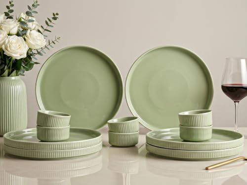 Image of Bodhi House 12-Piece Ribbed Porcelain Dinner Set for 6 | 6 Dinner Plates & 6 Katori, Chip Resistant, Microwave & Dishwasher Safe Crockery Set for Home, Dining & Gifting, Tea Green
