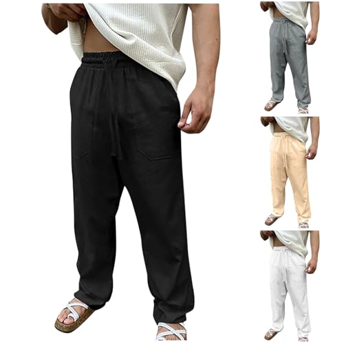 Cambkatl Men's Straight Leg Cotton Linen Pants Lightweight Casual Versatile Elastic Waist Workout Travel Pants with Pockets2