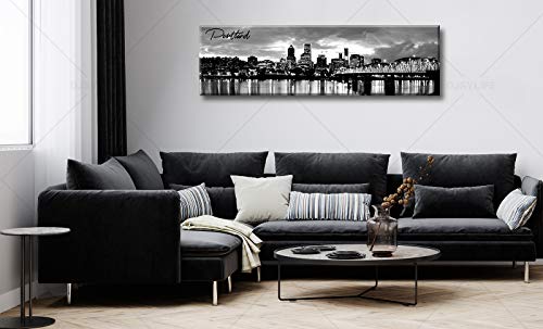 Image of DJSYLIFE Portland Skyline Canvas Print Wall Art,Cityscape Decor 13.8 inchx47.3 inch | Modern City Landscape Wall Art, USA Skyscraper, Panoramic Night View Painting, Office Living Room Home Decor, Ready to Hang