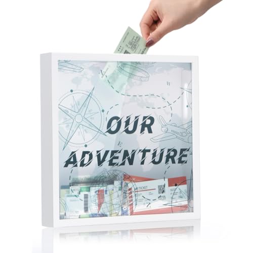 ORIGACH Large Travel Adventure Archive Box with Slot Adventure Fund Shadow Box Wooden Display Case for Memories for Keepsake with Ticket Postcard Photo Money (World Map Backgroud, 12x12)