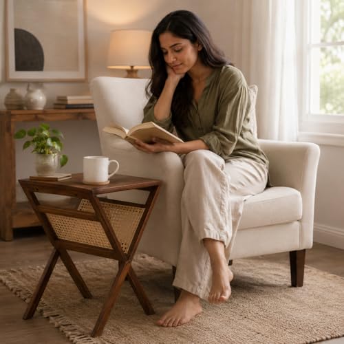 Image of Kuwait Rattan Side Table for Bedroom | Cane End Table for Living Room | Mango Wood, Honey Teak Finish | Peg Table for Sofa |