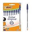 BIC Penne a Sfera Cristal Original con Punta Media (1,00 mm) e Tappi Abbinati al Colore dell’Inchiostro - Blu, Confezione da 10