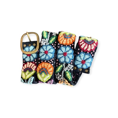 Peruvian Embroidered Flower Belts, Handmade, Colorful - Floral Belt (Black)