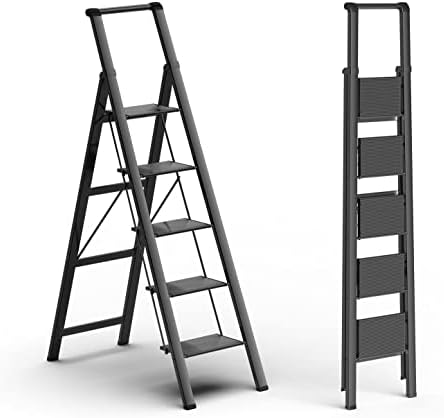 5 Steps Lightweight Aluminum Ladder Folding Step Stool Stepladders with Anti-Slip and Wide Pedal for Home and Kitchen Use Space Saving (Black)