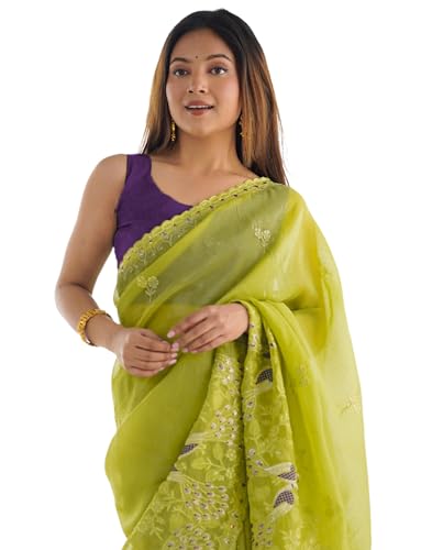 Image of SIRIL Women's Silk Blend Sequence Embroidery Saree With Unstitched Blouse Piece for Wedding and Parties