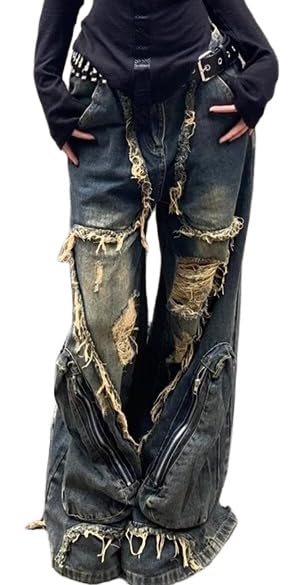 Y2k Retro Niche Baggy deconstruction Tassel Ripped Jeans Men's and Women's Large Pocket Design Sense Work Pants