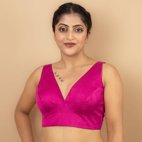 Image of FIGURE'S DESIGNER Women's Dupion Raw Silk Sleeveless V Neck Sabyasachi Cut Readymade Saree Blouse Padded Stitched S4