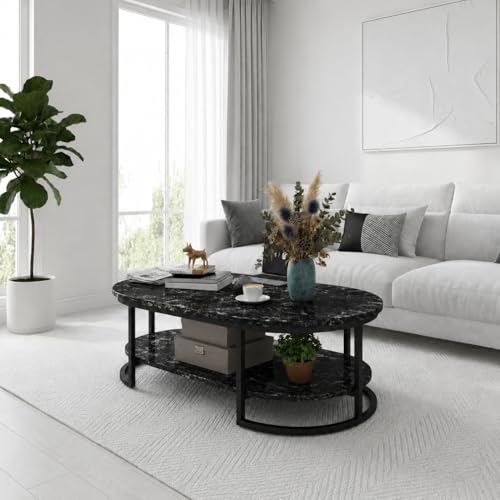 Image of NEST NATURE HAVEN Coffee Table for Office, Dining, Tea Room, Center Table for Living Room, Contemporary Simple Cocktail Table with Black Desktop and Black Metal Frame