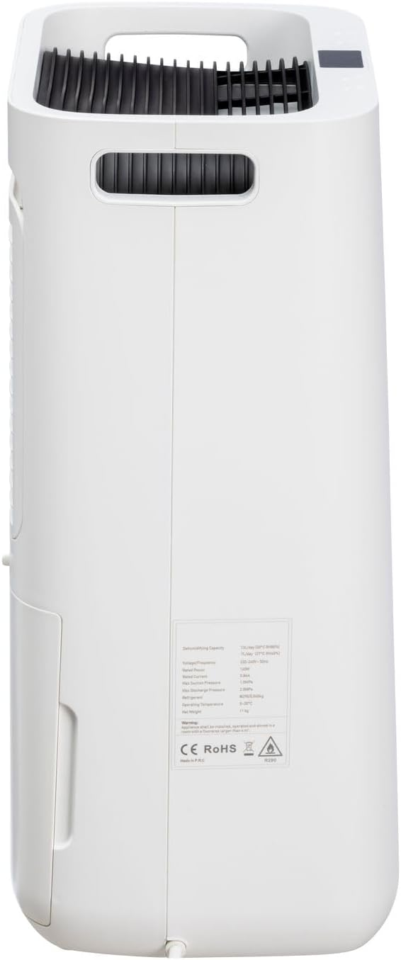 Rear view of the Eeese Hugo 13 L Dehumidifier with the specifications label visible
