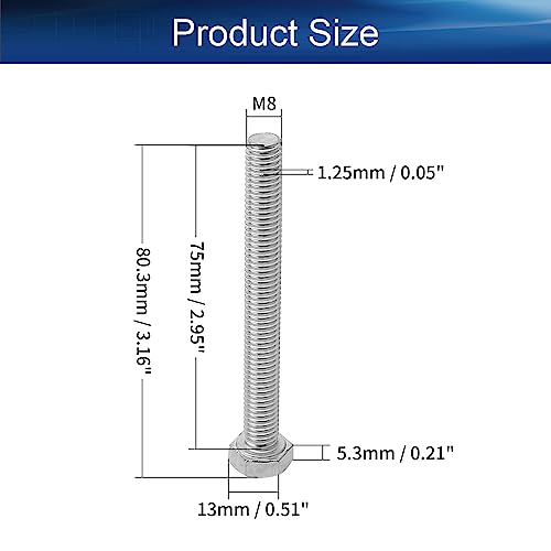 Image of Bettomshin 5Pcs M8 x 75mm Hex Bolts, 304 Stainless Steel 1.25mm Thread Pitch Fully Threaded Metric Hex Head Screw Bolts, Hexagon Screw Bolt, Hex Tap Bolts, Silver, A2-70 (Overall Size 80.3x13x13mm)