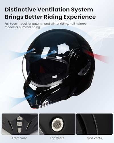 ILM Klapphelm Motorradhelm Integralhelm Herren Damen ATV UTV mit 180° Umkehrbarer Kinnschutz ECE22.06 Model-B707,Schwarzer Glanz, M