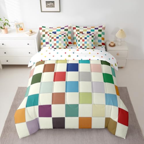 Image of Erosebridal Kids Rainbow Checkered Full Comforter Set with Sheets 7 Piece Colorful Plaid Grids Bedding Set Funky Checkerboard Bed in A Bag for Boys Girls Teen Geometric Gingham Bed Set