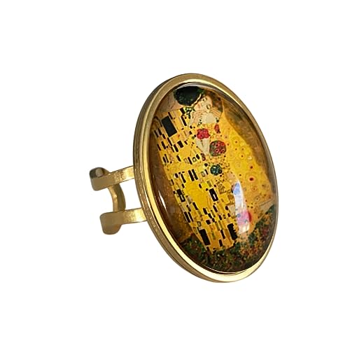 Le Baiser de Gustav Klimt - Grosse bague Ovale doré réglable cabochon verre de 25x18mm